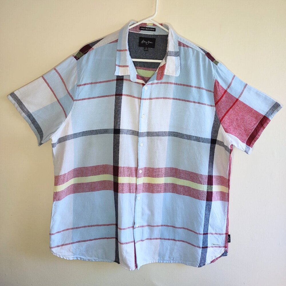 Sean John Linen Blend Short Sleeve Button Up Men's Shirt Blue Striped Size 3XL
